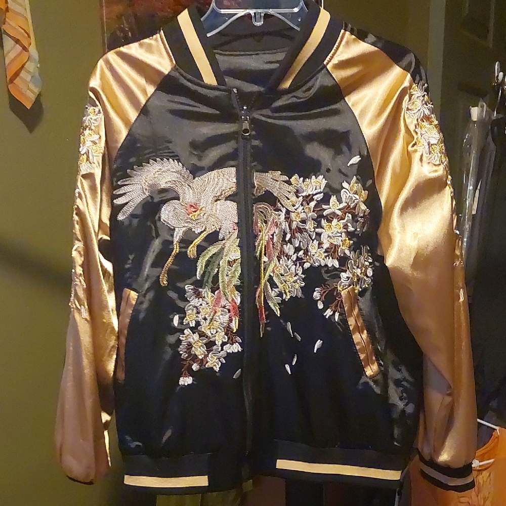 Reversable Embroidered Satin Bomber Jacket - Black and Gold